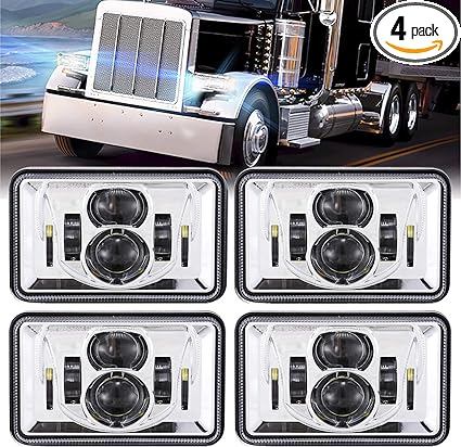 4 PCS DOT 60W 4x6 Inch LED Headlights Rectangular Replacement H4651 H4652 H4656 H4666 H6545 Compatible with Peterbilt Kenworth Freightinger Ford Probe Oldsmobile Cutlass (Style A-Chrome)